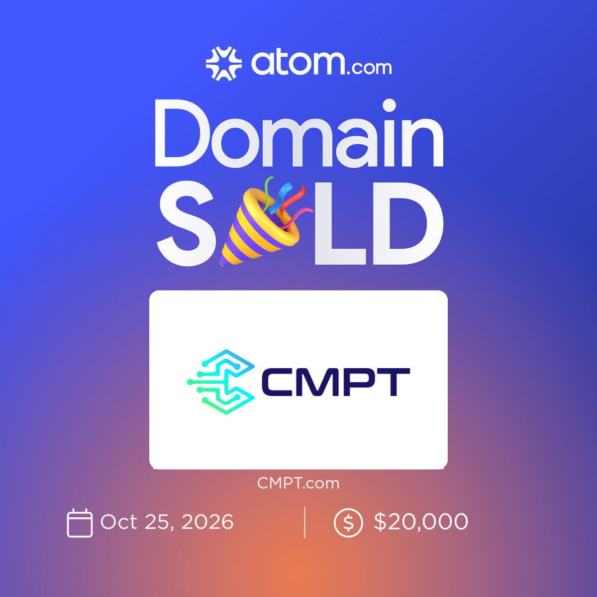 Nameably's tweet photo. Just boring .com sales this October 🎃 @atomHQ

CMPT - Cost: $1050 - HT: 19 months
Teafy - Cost: $175 - HT: 9 months https://t.co/cwnBM9HDCG