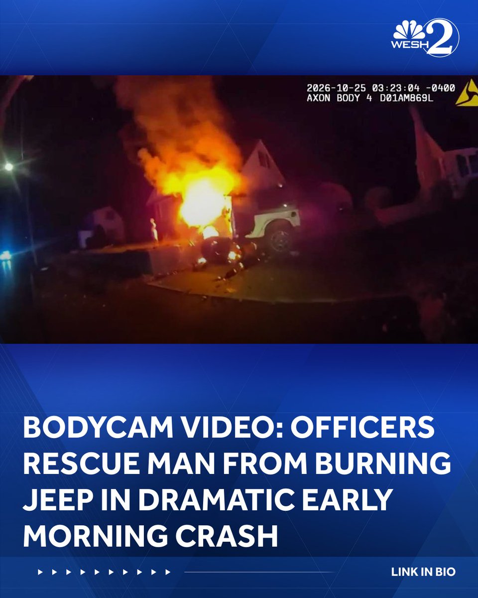 WESH's tweet photo. Bodycam video: Officers rescue man from burning Jeep in dramatic early morning crash | LINK IN BIO https://t.co/oF535fCM8E