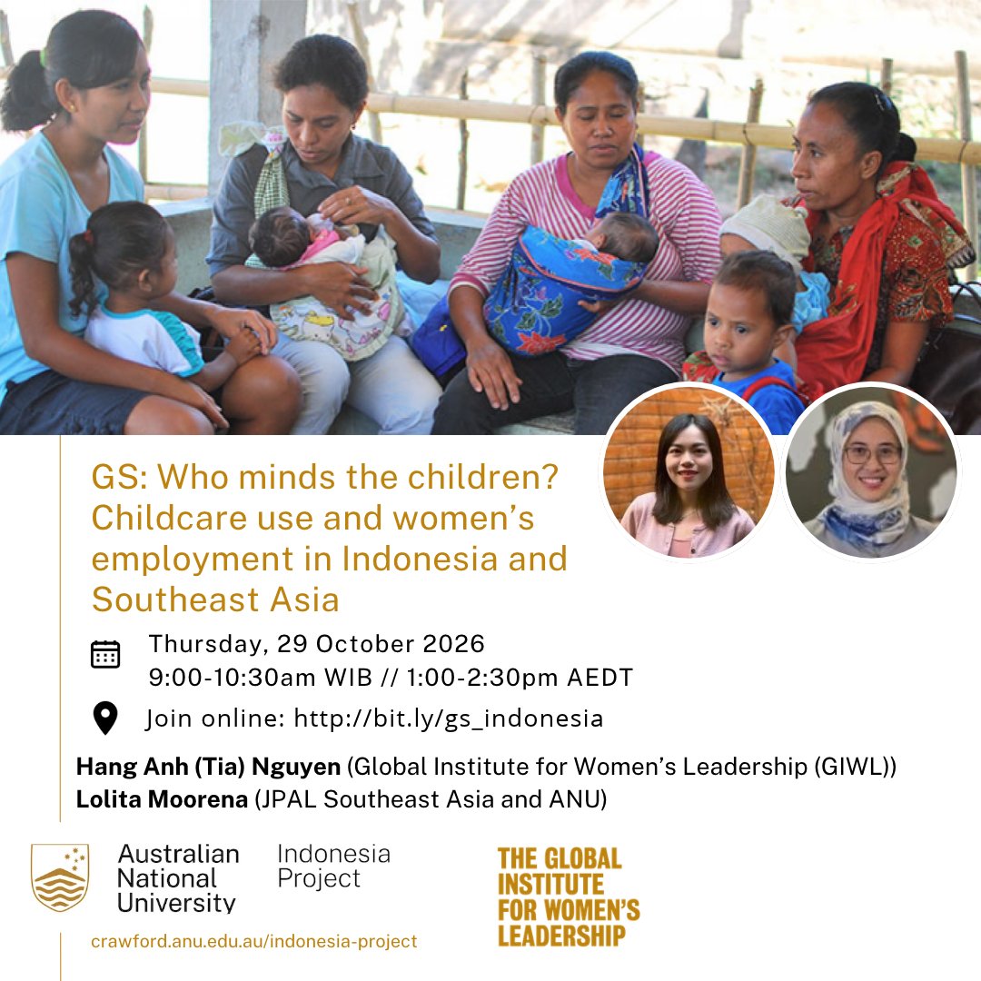 ANUIndonesia's tweet photo. How does access to childcare shape women’s ability to work? And what role do childcare arrangements play in supporting women’s employment across Southeast Asia?

Join Dr Hang Anh (Tia) Nguyen (@GIWLANU) and @lolitamoorena @ANU_CBE for a special Global Seminar co-hosted with the Global Institute for Women's Leadership, marking the @UN International Day of Care and Support.

Thursday 29 October at 9:00 AM – 10:30 AM WIB 
1:00 PM – 2:30 PM AEDT
On Zoom (no registration required) https://t.co/c9droIVRbQ
Details https://t.co/oBBt7H80G4