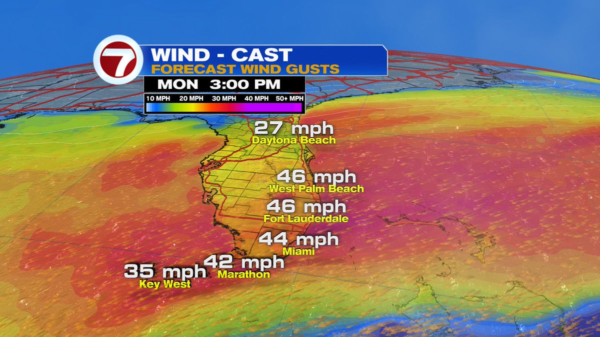 7Weather's tweet photo. Gusty winds should reach peak intensity Monday afternoon with gusts (potentially) at or above 45 mph along the SE coast. https://t.co/5zEhl24lkv