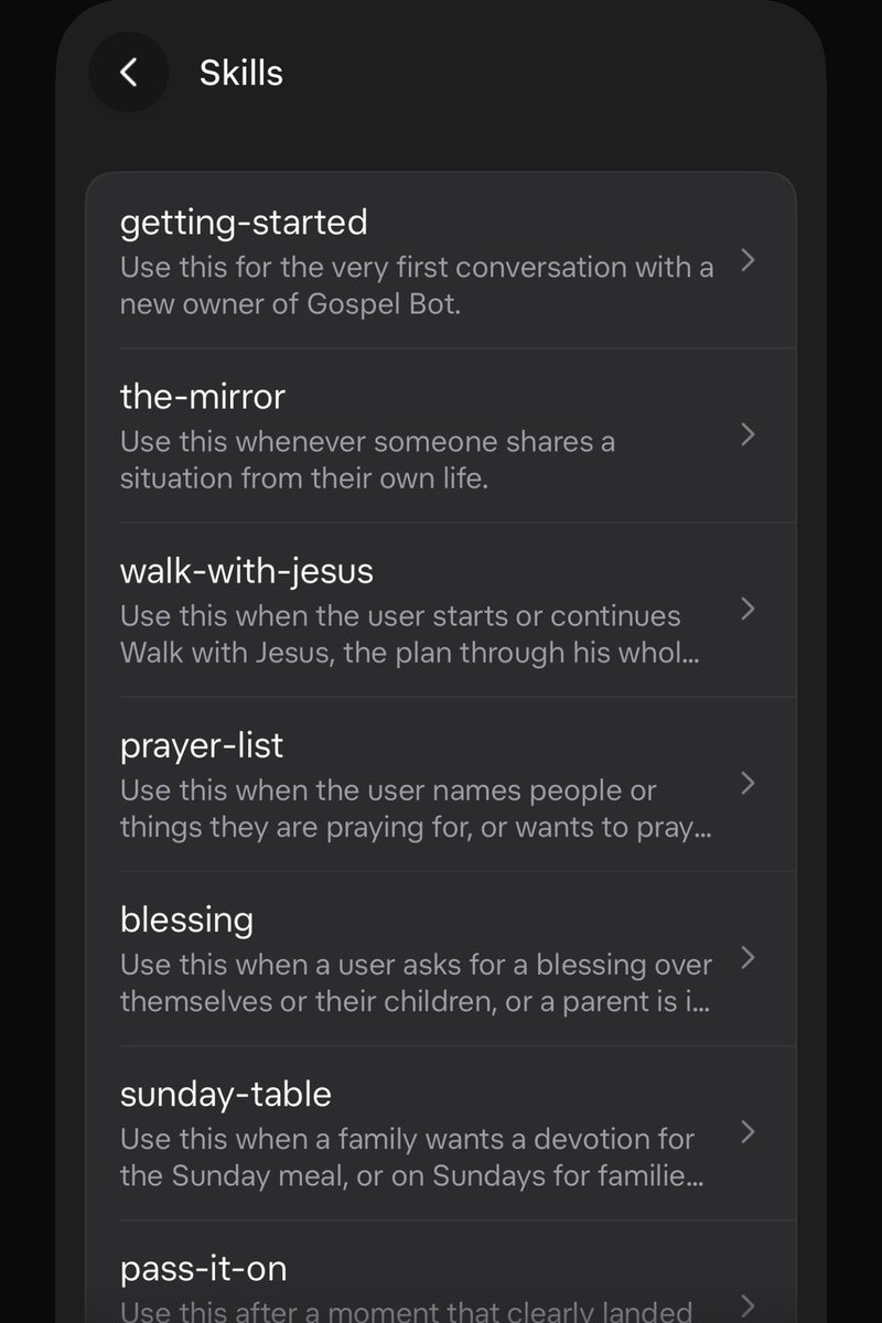 EkoLovesYou's tweet photo. biblechat is great but it’s also $6/week. so i set up a free grok @bot called gospel bot.

i just tell it whatever i'm facing and it shows me where my story already lives in the bible.

kept building in features until it was something i'd actually use daily. 

here's what it does:

> walk you thru the life of Jesus
> blessings over yer kids by name
> a sunday family devotion
> fresh insight on any verse
> direct answers to hard questions
> 13 skills (prayer lists + verse memory)
> 17 reading plans (incl. 90 day walk)

the gospels are the anchor, and it never talks down to you.

add it to your @grok <3