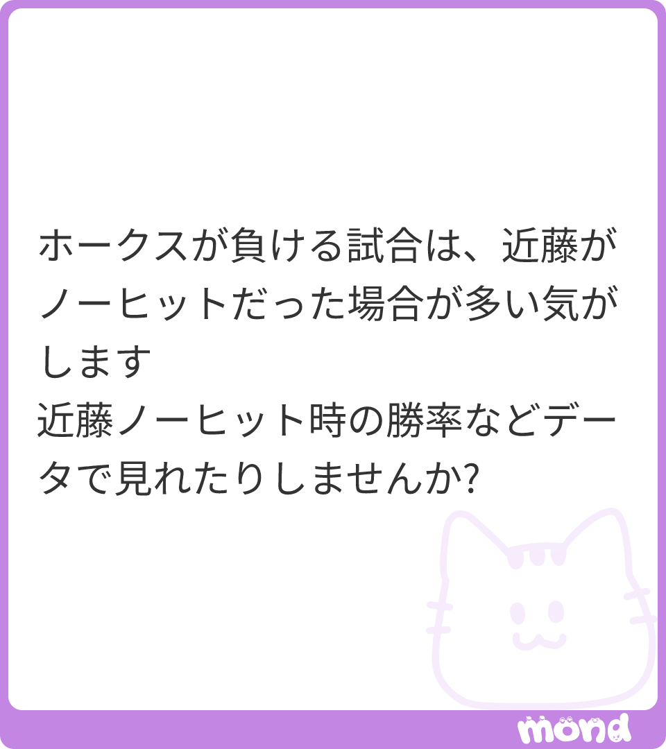 NPBStuffplus's tweet photo. 近藤健介がノーヒットの際のホークスの勝率です。

こんなガッツリ下がるのか…

(Image:1)
#mond_NPBStuffplus https://t.co/qFOi2uwwwa