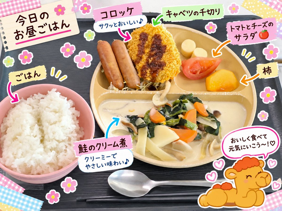 RAKUsyuro's tweet photo. 🐫今日のお昼ごはん
クリーミーな鮭のクリーム煮に、サクッとコロッケ😋✨
トマトとチーズのサラダで彩りもプラス🍅
食後は甘い柿で秋らしい締めくくり♪
#札幌 #東区 #楽 #RAKU #就労支援B型
#今日のお昼ごはん https://t.co/o9y9JQ2U0x