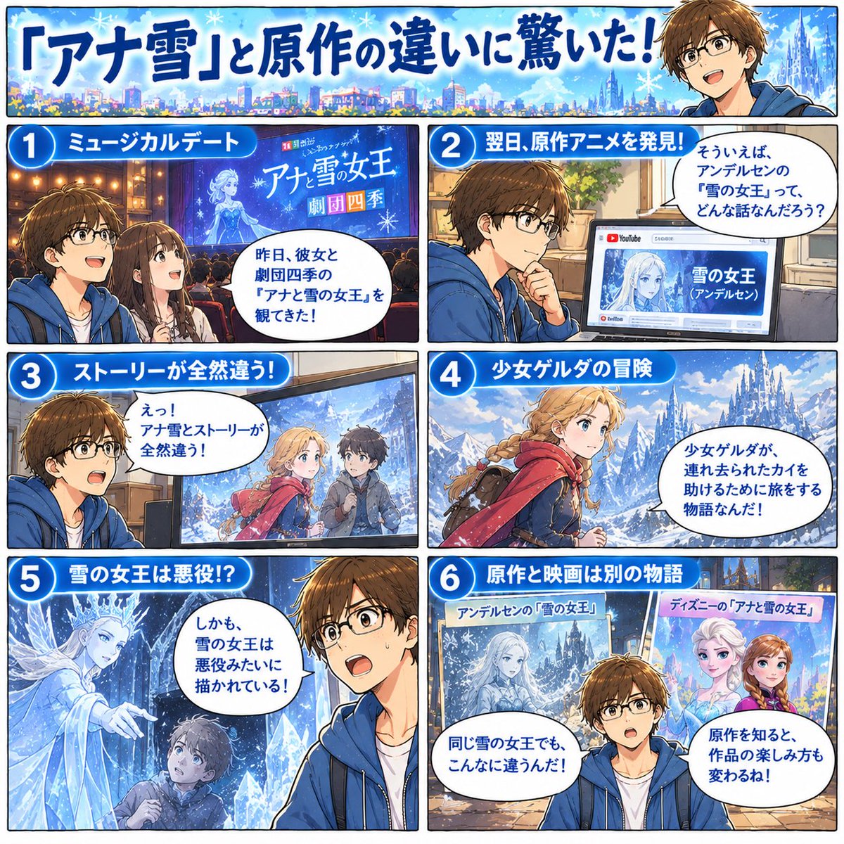 shotawatanabe33's tweet photo. アンデルセンの「雪の女王」と「アナ雪」の違いを漫画にしました📚❄️

原作を観てみたら、ストーリーが全然違ってびっくり！

同じ題材でも、こんなに違うんですね😳

#漫画 #アナと雪の女王 #アンデルセン https://t.co/FIuISycCdm