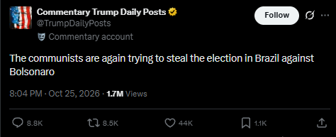 Neguinfofin's tweet photo. The far-right candidate—a friend of Trump and Milei—just lost the election, and Elon has suggested it’s suspicious, echoing sentiments from the U.S. 

government. Let’s get this trending!

Justice for Flavio.

All fees raised will be sent to his political party. https://t.co/IEWnulArpa