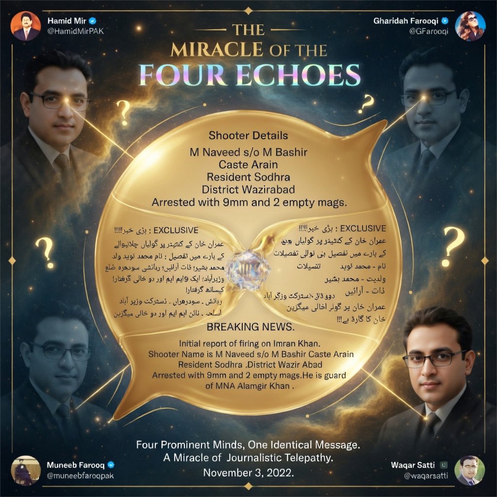 AkramRaee's tweet photo. ↔️The Miracle Of The Four Echoes ↔️
✍️
جب ایلیٹ کلاس کے چار صحافیوں کا برین سنکرونائز کر جاتا ہے تو سوشل میڈیا پر ایک جیسی گونج سنائی دیتی ہے جسے صحافتی ٹیلی پیتھی کا نام دیا جا سکتا ہے۔
 #SynchronisationOfFourBrains 
 #ImranKhan #HamidMir #Ghar 
 #GharidahFarooqi #MuneebFarooq #WaqarSatti