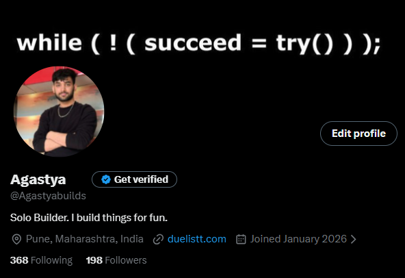 Agastyabuilds's tweet photo. Only 2 away from my 200 milestone🤩

Can I get to 250 by the end of today?

If you're a- 

-Vibe Coder🤖
-SaaS Builder😎
-Indie Hacker🕹️
-Solo Founder📈

Let's #connect and help each other grow. Share what you're building below! https://t.co/XMgQdCR7vm