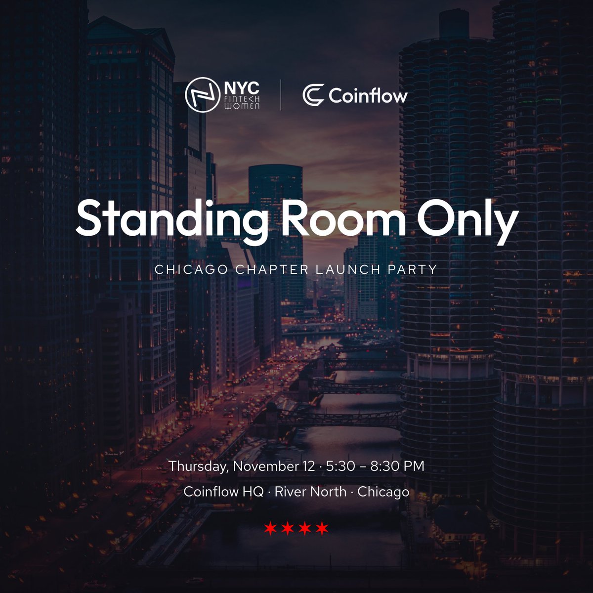 CoinflowLabs's tweet photo. Chicago fintech is on the rise. On Nov. 12, we’re celebrating the women leading the way. 🥂

Standing Room Only: @NYCFintechWomen's Chicago chapter launch party at Coinflow HQ.

Less conference. More celebration.

RSVP → https://t.co/1v0S6ZmbLG https://t.co/jTumXSb8Xr