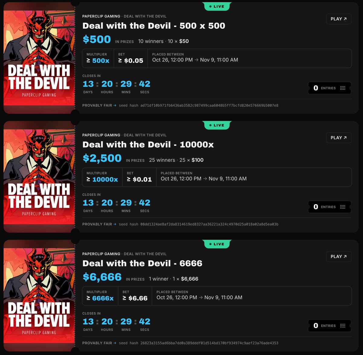 PlayPaperclip's tweet photo. 💰 Almost $10,000 up for grabs in Raffles on Deal with the Devil 👿 📜 

✅ Raffles: https://t.co/c01caRzUjR
🎁 RT + Like + Comment Stake ID  

Will give some juice to chase these https://t.co/F7t0MTh4Vx