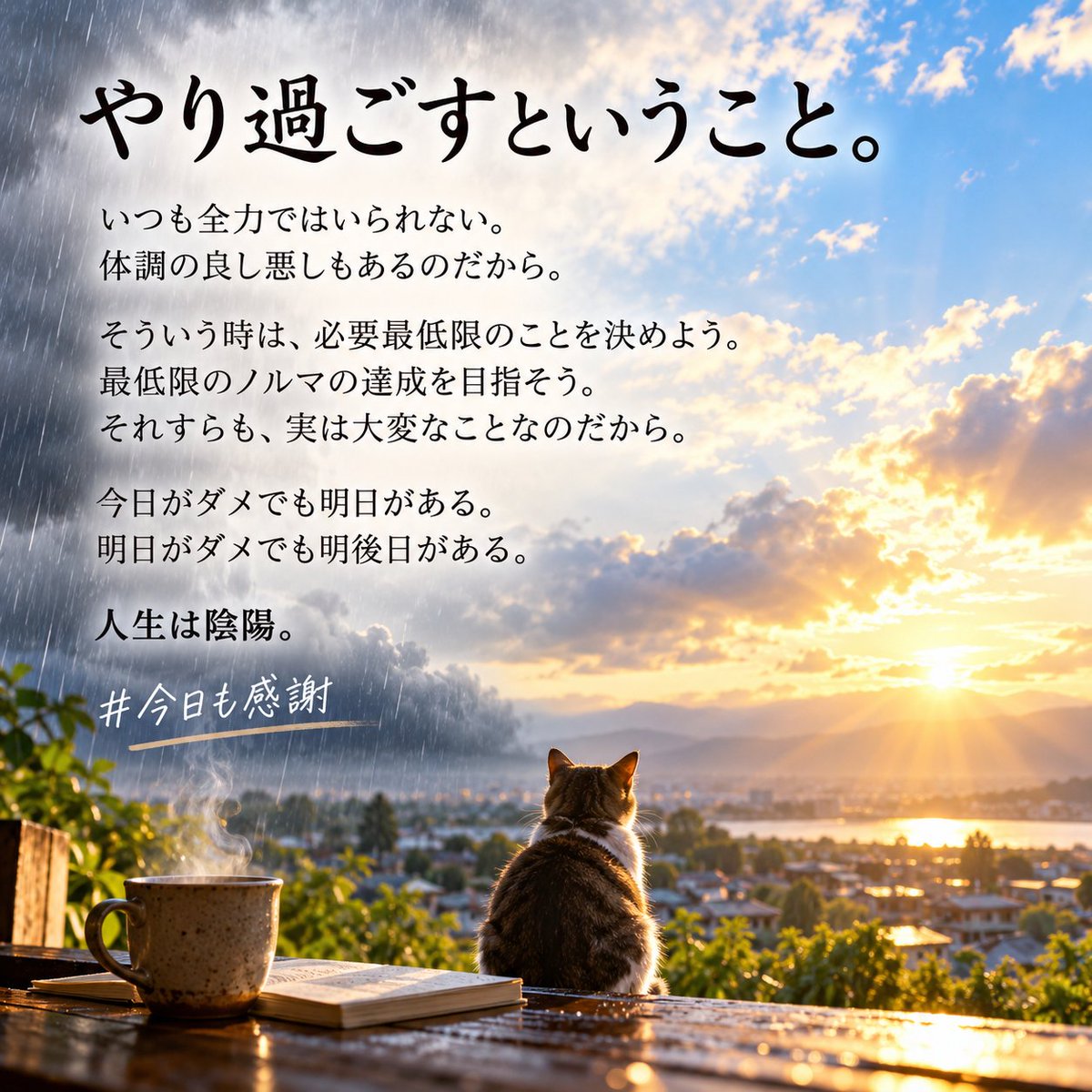 MultiReflection's tweet photo. やり過ごすということ。

いつも全力ではいられない。
体調の良し悪しもあるのだから。
そういう時は、必要最低限のことを決めよう。
最低限のノルマの達成を目指そう。
それすらも、実は大変なことなのだから。
今日がダメでも明日がある。
明日がダメでも明後日がある。

人生は陰陽。
#今日も感謝 https://t.co/S86KKoVqd9