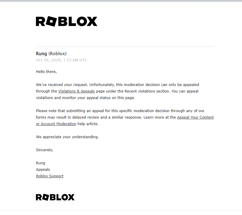 corpsefliesrblx's tweet photo. day 27 since my ban on roblox. only to be met with the exact same automated response, i dont think anyone at roblox support is even real. @Roblox @KreekCraft @Roblox_RTC  #ROBLOX #RobloxBan #robloxbanwave https://t.co/Ly2k0FxkIB