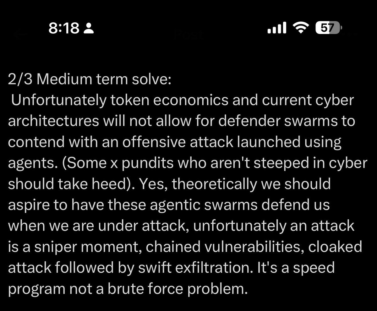 AccBalanced's tweet photo. Nikesh, this assumption is no longer true. I’ve been working on tokenomics of inference and RL efficiency for 2 years now. DeepSeek’s DeepInfer, and Nebius’ benchmarks of WEKA AMG (ahead of their successful cache token rollout) are objective proof points that:
1. Defender swarms are both economically sustainable, and 
2. Low latency reactions at machine speeds are viable.

My X feed and Linkedin are full of supporting examples. Happy to elaborate with your tech team.