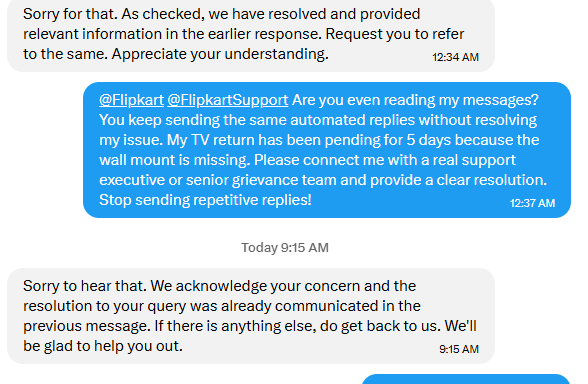 kalpeshdevs's tweet photo. @flipkartsupport It seems like one is being answered one by one..an AI bot is answering.@flipkartsupport @Flipkart @jagograhakjago @nch1915 https://t.co/w2n0dOvOev