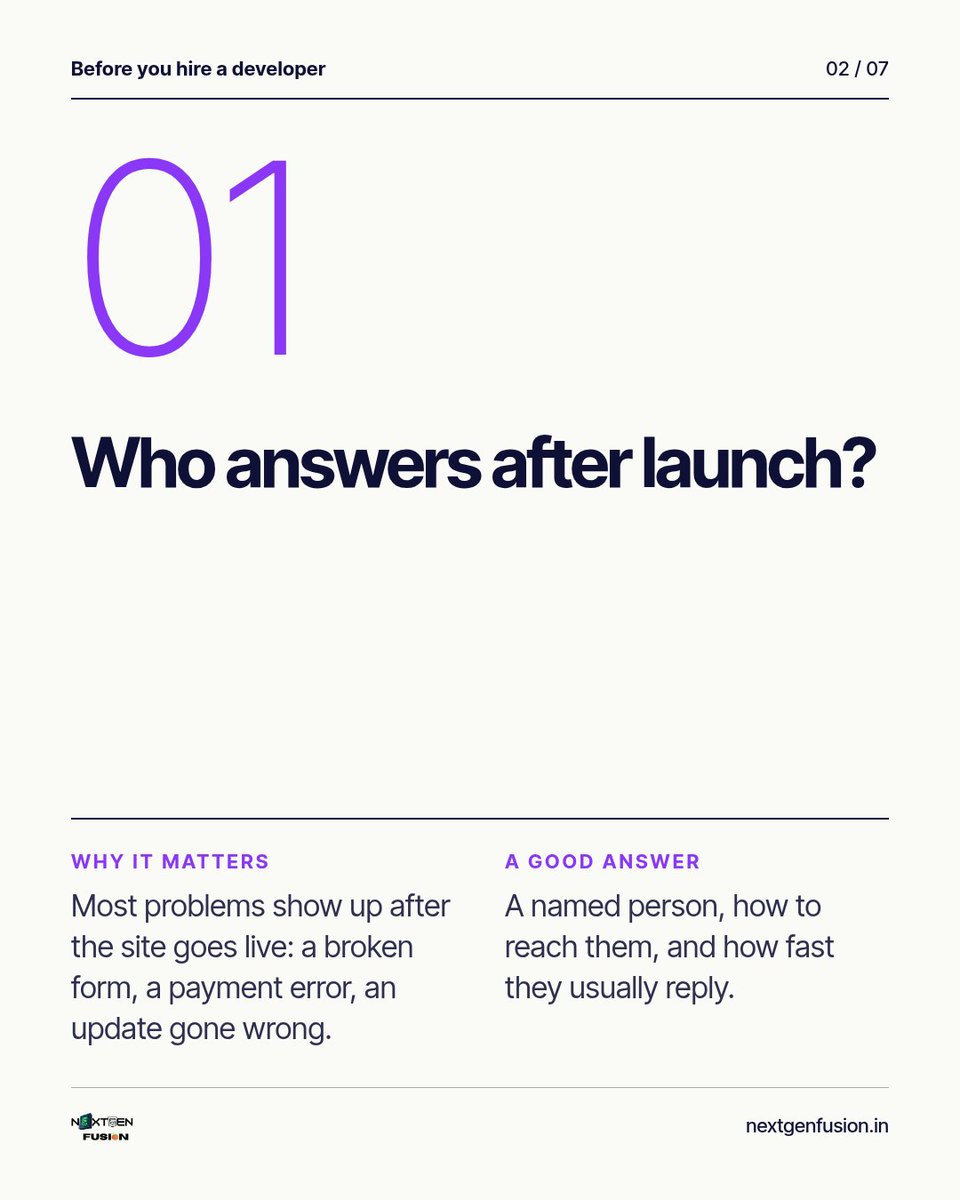 nextgenfusion's tweet photo. 5 questions to ask before you hire a developer:

1. Who answers after launch?
2. Who owns the domain and hosting?
3. Is the scope written down?
4. What does support cost after launch?
5. Why this stack?

Vague answers tell you something too.

#WebDevelopment https://t.co/1kvpEXBDEr