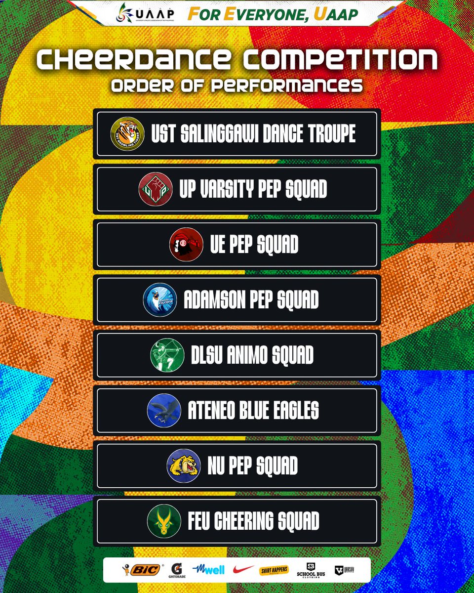 uaap_official's tweet photo. READY? OKAY! 📣🙌
Here is the order of performance in the #UAAPSeason89 Cheerdance Competition!

Unite with the UAAP community on November 21 at the SM Mall of Asia Arena, or watch LIVE on the Cignal Play app, One Sports and the UAAP Varsity Channel!

#ForEveryoneUAAP https://t.co/wmOnV6Hqmg
