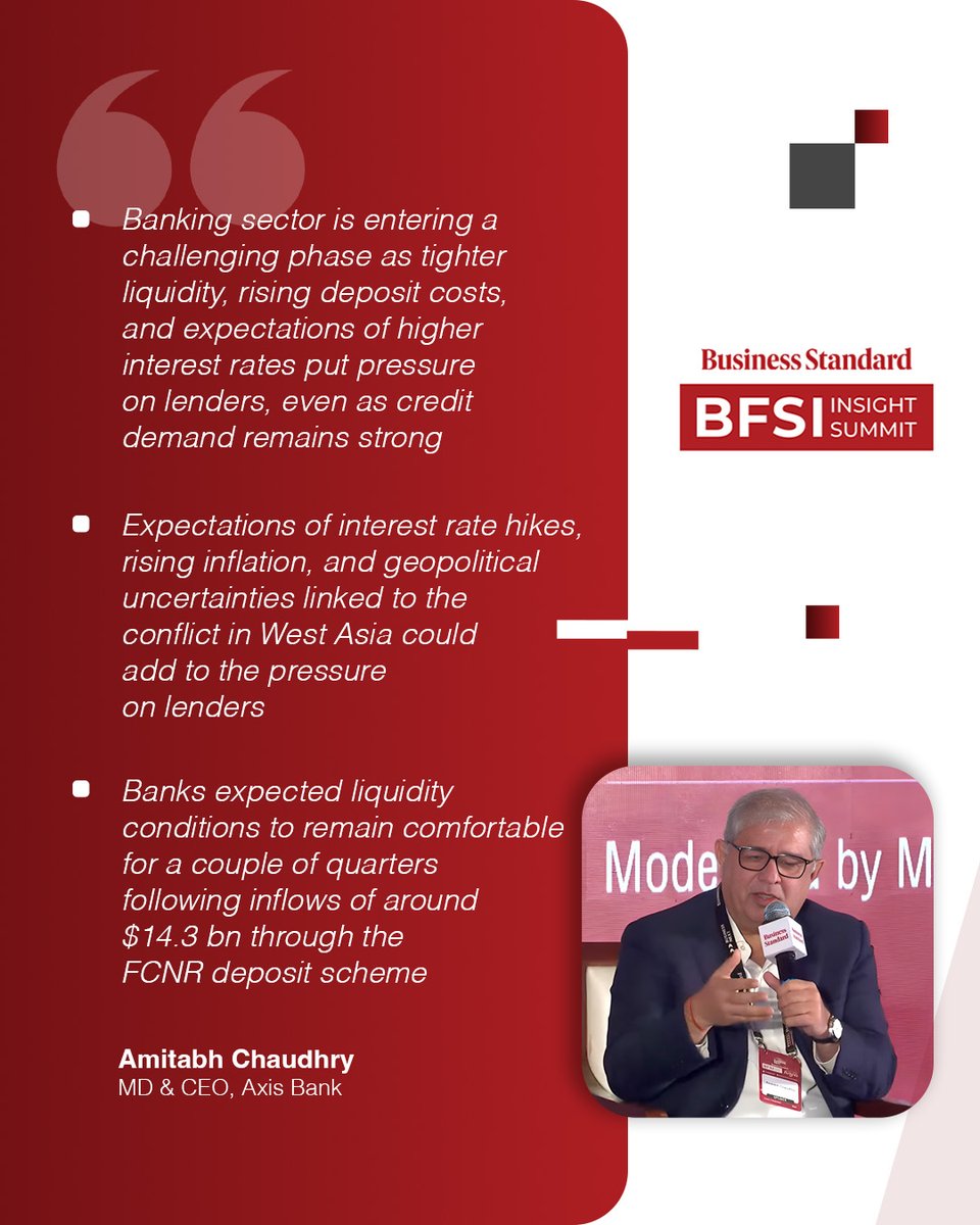 bsindia's tweet photo. #BSBFSI2026 | At the Business Standard BFSI Insight Summit 2026, @AxisBank CEO Amitabh Chaudhry discussed tighter #liquidity, #creditgrowth, asset quality, and emerging risks for lenders.

Details: https://t.co/6AoXrELZpa

#BFSI #Banking #Finance #BSBFSIInsightSummit2026 | @SarjnaRai
