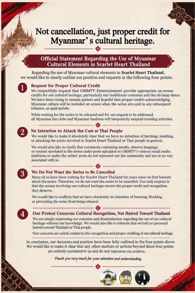 HoneyMyanmarFC's tweet photo. We are officially suspending our trend campaign for now. Our attention remains focused solely on our 4 Core Demands.🙏🏼

We do not condone racism, hate speech, or attempts to provoke racial conflict. Anyone engaging in such behavior does NOT represent our fan community or speak on our behalf.

@GMMTV @ScarletHeartTH @Giggoo_
#GMMTV #ScarletHeartTH