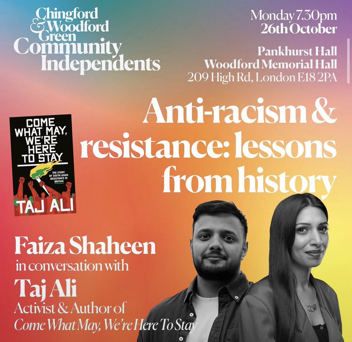 Taj_Ali1's tweet photo. Chatting with @faizashaheen about my new book tonight from 7:30PM at Woodford Memorial Hall E18 2PA https://t.co/HNiGP18iwU