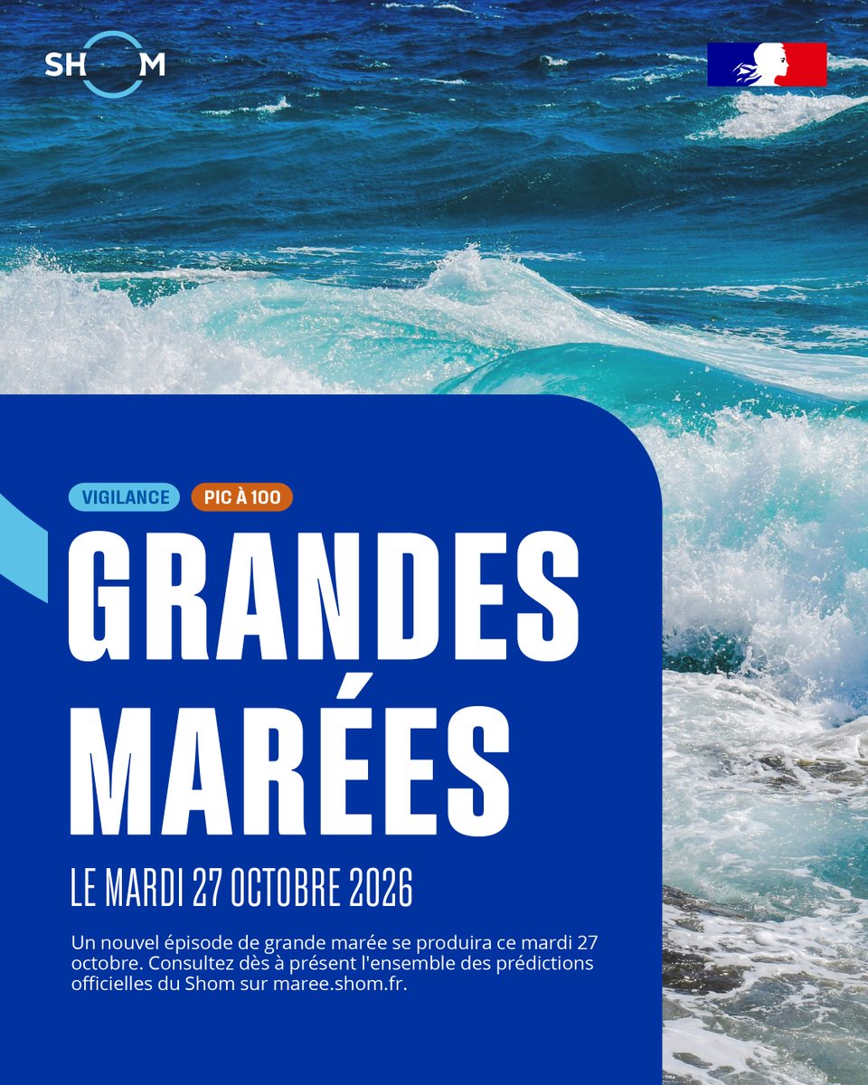 shom_fr's tweet photo. 🌊Grandes marées d'octobre

Prudence ce mardi 27 !

Pensez à vérifier les horaires avant d'aller sur la côte. 
👉Prévisions @shom_fr  : https://t.co/GLahhFUafW

#GrandesMarées #Sécurité https://t.co/Uk8qH5mANG
