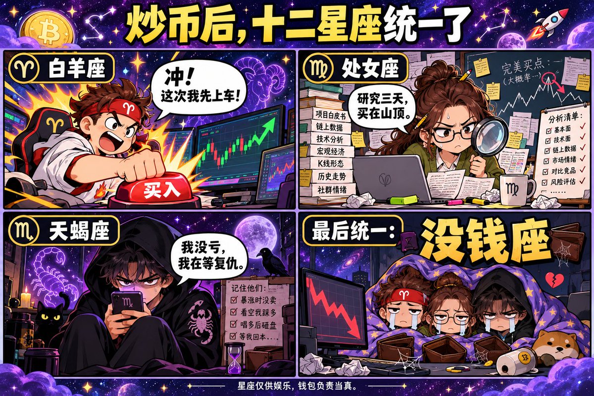 btzainan's tweet photo. 炒币前，我研究别人什么星座。
炒币后，我研究别人什么时候解锁。🔓
白羊：先冲，亏了再看白皮书。
处女：研究三天，精准买在山顶。
天蝎：拉黑前任都没这么狠，唯独舍不得删自选。

以前亏钱怪水逆。
现在学会看链上数据了——
能精确查到钱被谁赚走了。
报一下星座，让我看看谁还在嘴硬说「浮亏不算亏」。👇
#币圈日常 #十二星座