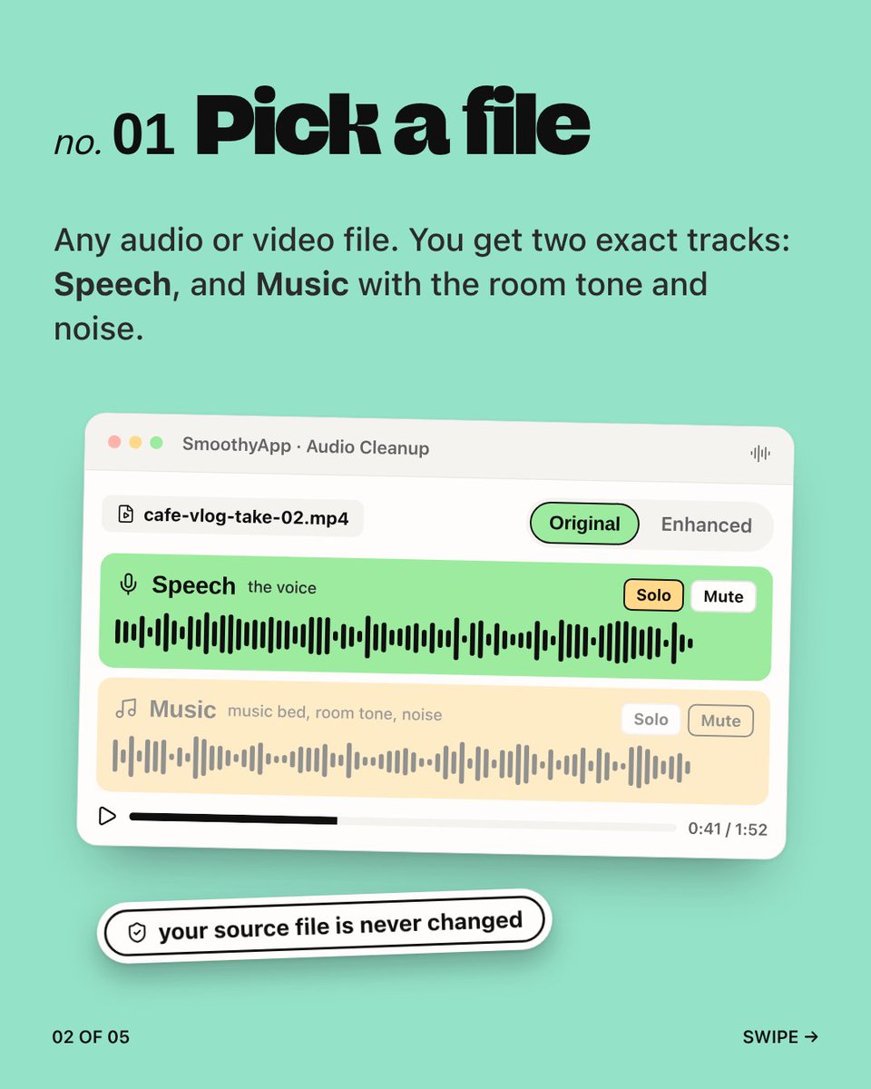 smoothyedit's tweet photo. save a voice from a noisy café recording. smoothy's audio cleanup splits it into speech and music, and the noise stays with the music. flip to enhanced and the speech gets cleaned. it runs on my computer, nothing uploaded, no credits, no account. what's the worst audio a client ever sent you?