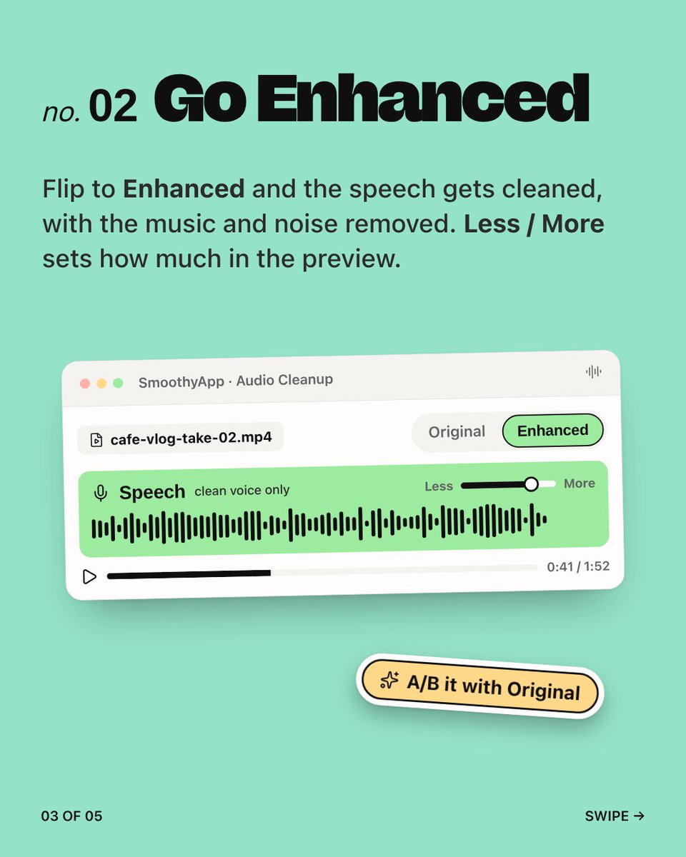 smoothyedit's tweet photo. save a voice from a noisy café recording. smoothy's audio cleanup splits it into speech and music, and the noise stays with the music. flip to enhanced and the speech gets cleaned. it runs on my computer, nothing uploaded, no credits, no account. what's the worst audio a client ever sent you?