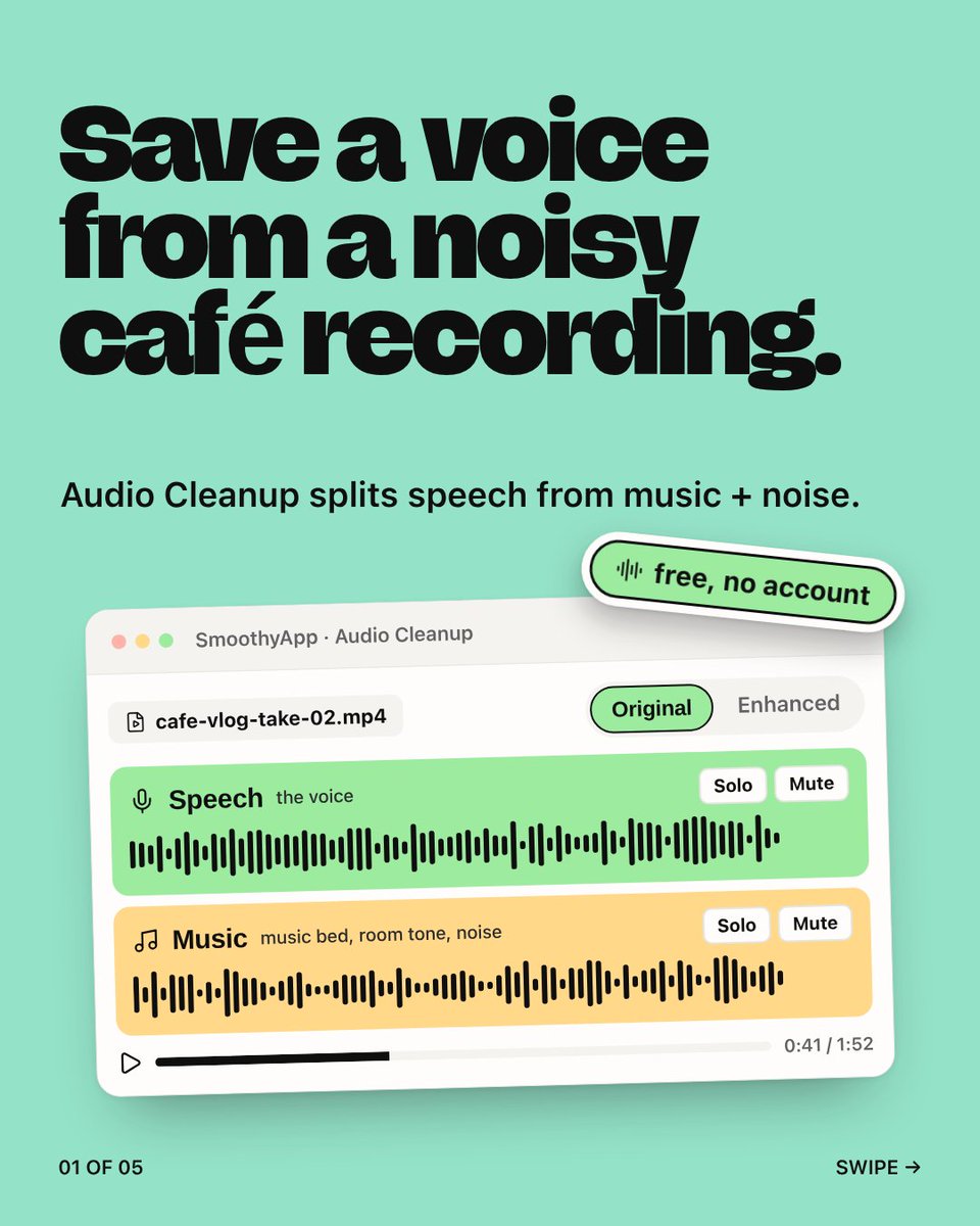 smoothyedit's tweet photo. save a voice from a noisy café recording. smoothy's audio cleanup splits it into speech and music, and the noise stays with the music. flip to enhanced and the speech gets cleaned. it runs on my computer, nothing uploaded, no credits, no account. what's the worst audio a client ever sent you?