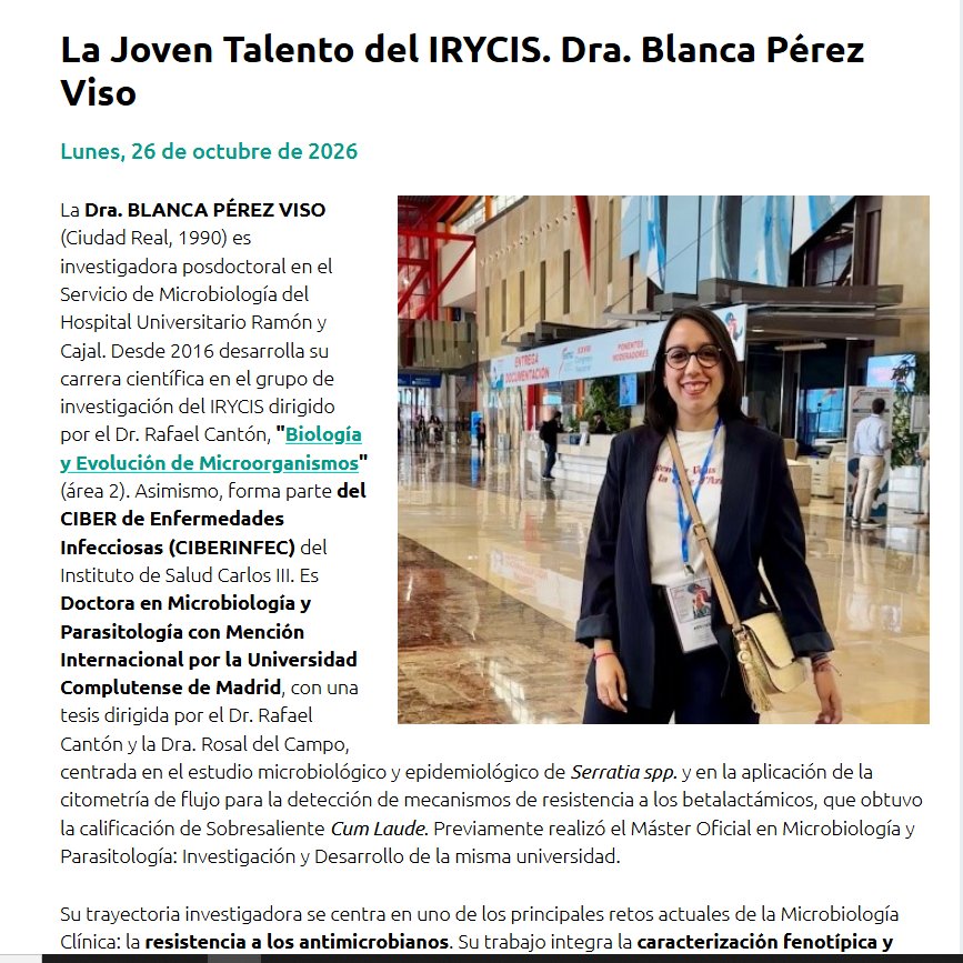 microRyC's tweet photo. 🔬 Hoy ponemos el foco en la Dra. Blanca Pérez Viso (@BlancaPrezViso1) , investigadora posdoctoral del @IRYCIS y @CIBERINFEC, reconocida como joven talento por su trayectoria en innovación diagnóstica y lucha frente a la #ResistenciaAntimicrobiana.

👇https://t.co/Vw6dPISZEt https://t.co/ubc8bDeGO5