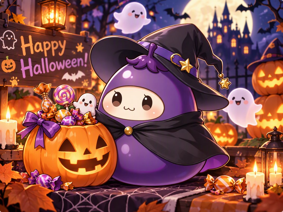 PixAI_Nasu's tweet photo. 🎃ナスハロウィン開催中🍆

早速たくさんのお菓子をもらえて嬉しいナス〜！ありがとナス🍭

キャンペーンページもハロウィン仕様ですごく可愛いナス！是非チェックして欲しいナス〜👻
https://t.co/9EyVhECnpW https://t.co/OQikTe9Q9b