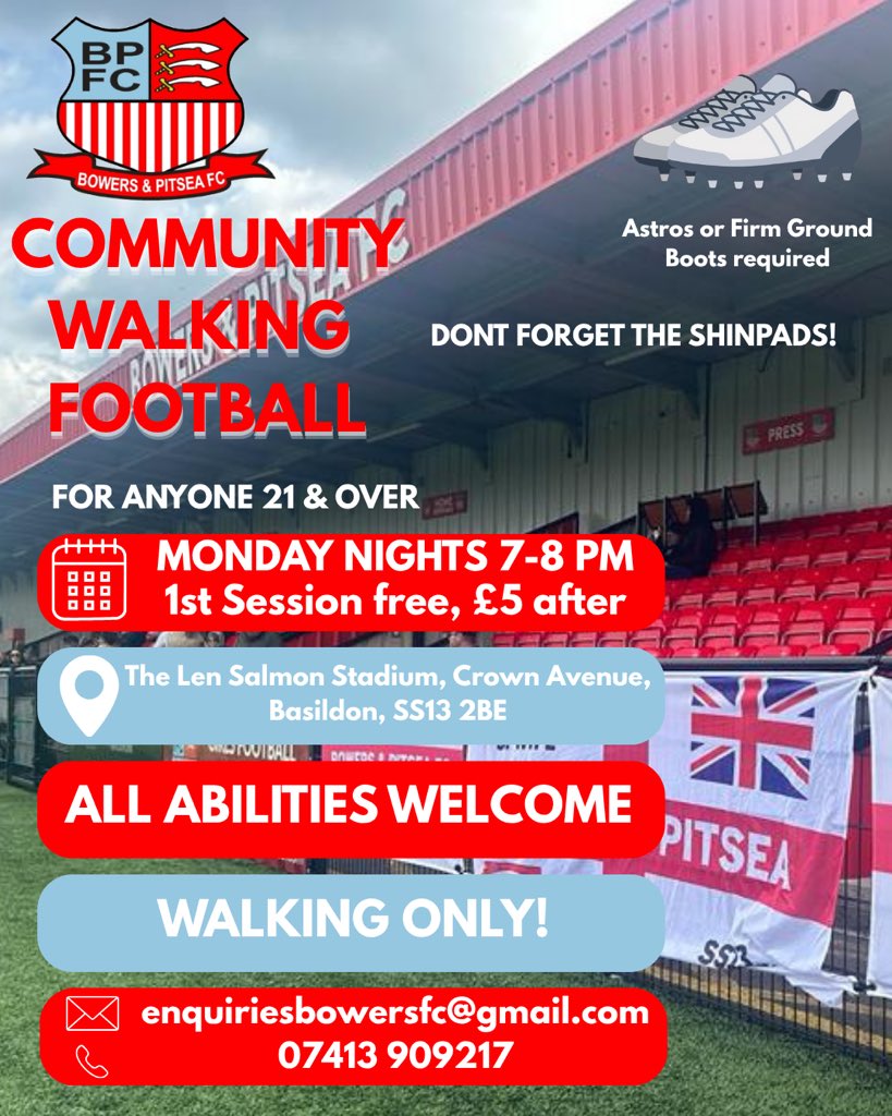 Bowerspitseafc's tweet photo. WALKING FOOTBALL

After last weeks cup win for our reserves our walking football returns!

⏰ 7-8PM
📍 The Len Salmon Stadium
💷 - 1st session free, £5 per session after 

We hope to see as many of you as possible!
#upthebowers https://t.co/0bp4MBTkfL