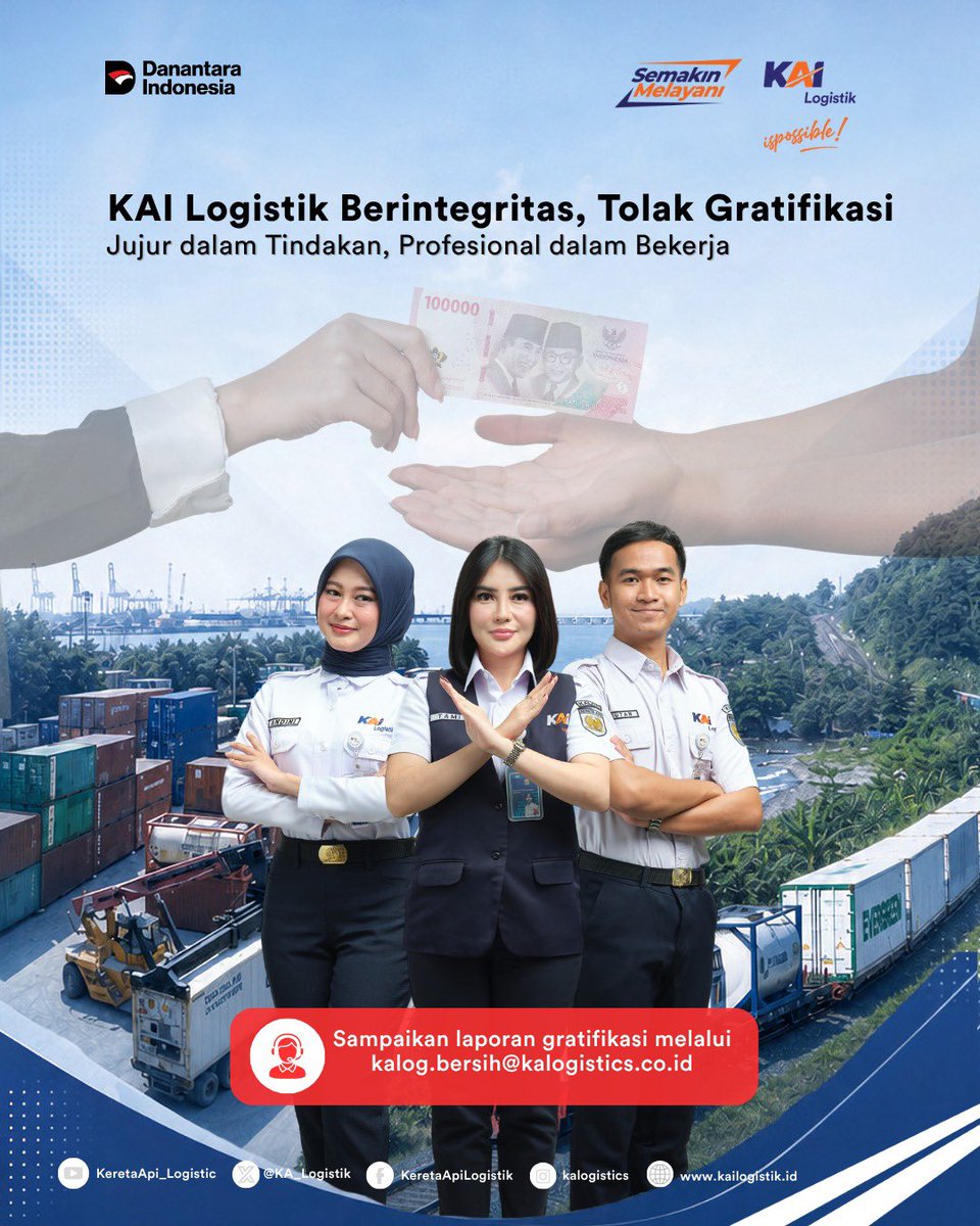 KA_Logistics's tweet photo. Sobat KALOG, gratifikasi dan penyuapan merupakan hal yang harus kita hindari dalam menjalankan tugas dan tanggung jawab.

Melalui penerapan ISO 37001:2016, KAI Logistik terus memperkuat budaya kerja yang menjunjung tinggi etika, transparansi, dan akuntabilitas.

Apabila ingin melaporkan dugaan gratifikasi, Sobat KALOG dapat menghubungi kalog.bersih@kalogistics.co.id.