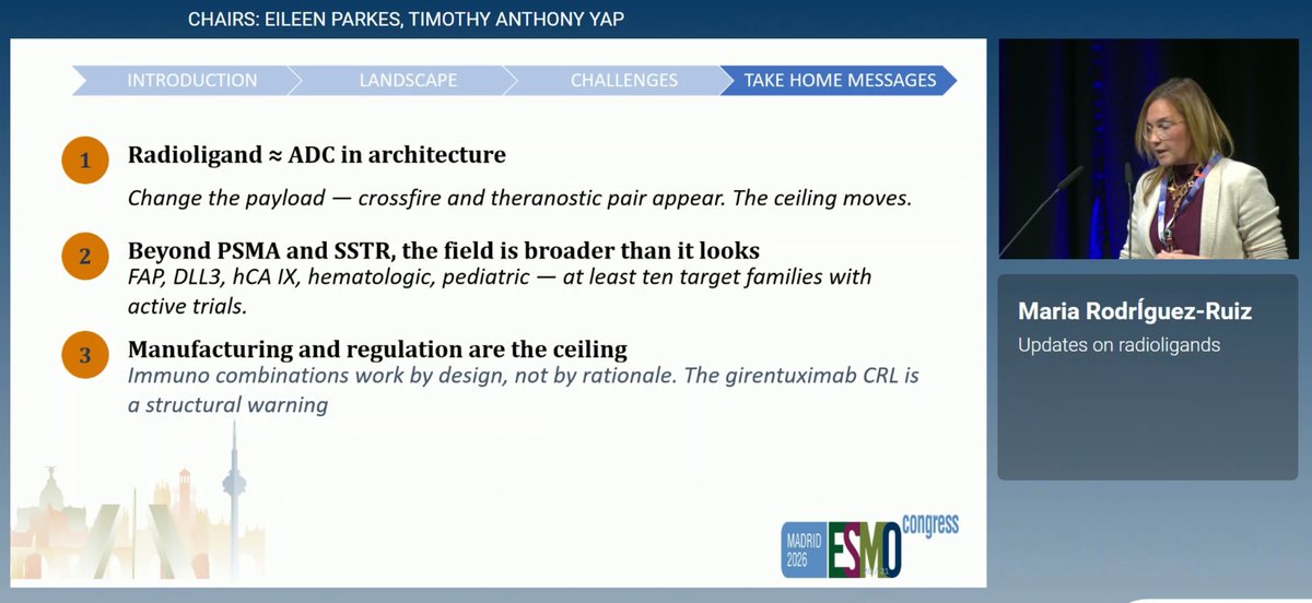 MarioBalsaMD's tweet photo. ☢️ #ESMO26 | Radioligands are moving well beyond PSMA & SSTR! 

🎯 New targets: DLL3, FAP, CAIX…
▪️Think ADC architecture, but swap the payload for a radionuclide
⚠️ Biggest ceiling? Manufacturing, dosimetry & regulation

The biology is exciting, now logistics need to stop being radioactive….

@OncoAlert @OncoReporte @myESMO @_SEOM