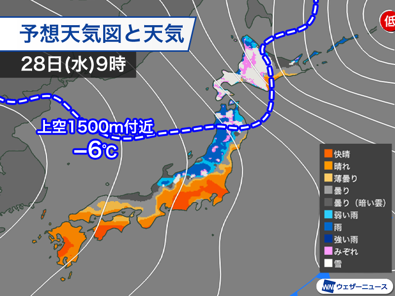 wni_jp's tweet photo. ＜冬の訪れを感じる天気に＞
明後日28日(水)は低気圧が北海道の北で急発達し、上空には初冬の寒気が流れ込んできます。
北海道は札幌市などを含む平地でも雪の所が多くなる見込みです。北西の風が強まり、東京地方と近畿地方は木枯らし1号の可能性があります。
https://t.co/CJiOCEzO6i https://t.co/DMU7M5NoTQ