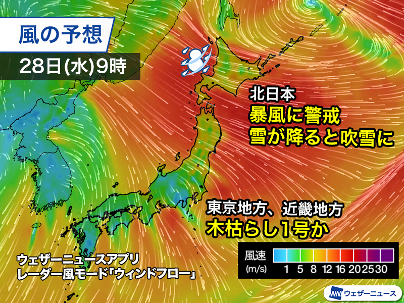 wni_jp's tweet photo. ＜冬の訪れを感じる天気に＞
明後日28日(水)は低気圧が北海道の北で急発達し、上空には初冬の寒気が流れ込んできます。
北海道は札幌市などを含む平地でも雪の所が多くなる見込みです。北西の風が強まり、東京地方と近畿地方は木枯らし1号の可能性があります。
https://t.co/CJiOCEzO6i https://t.co/DMU7M5NoTQ