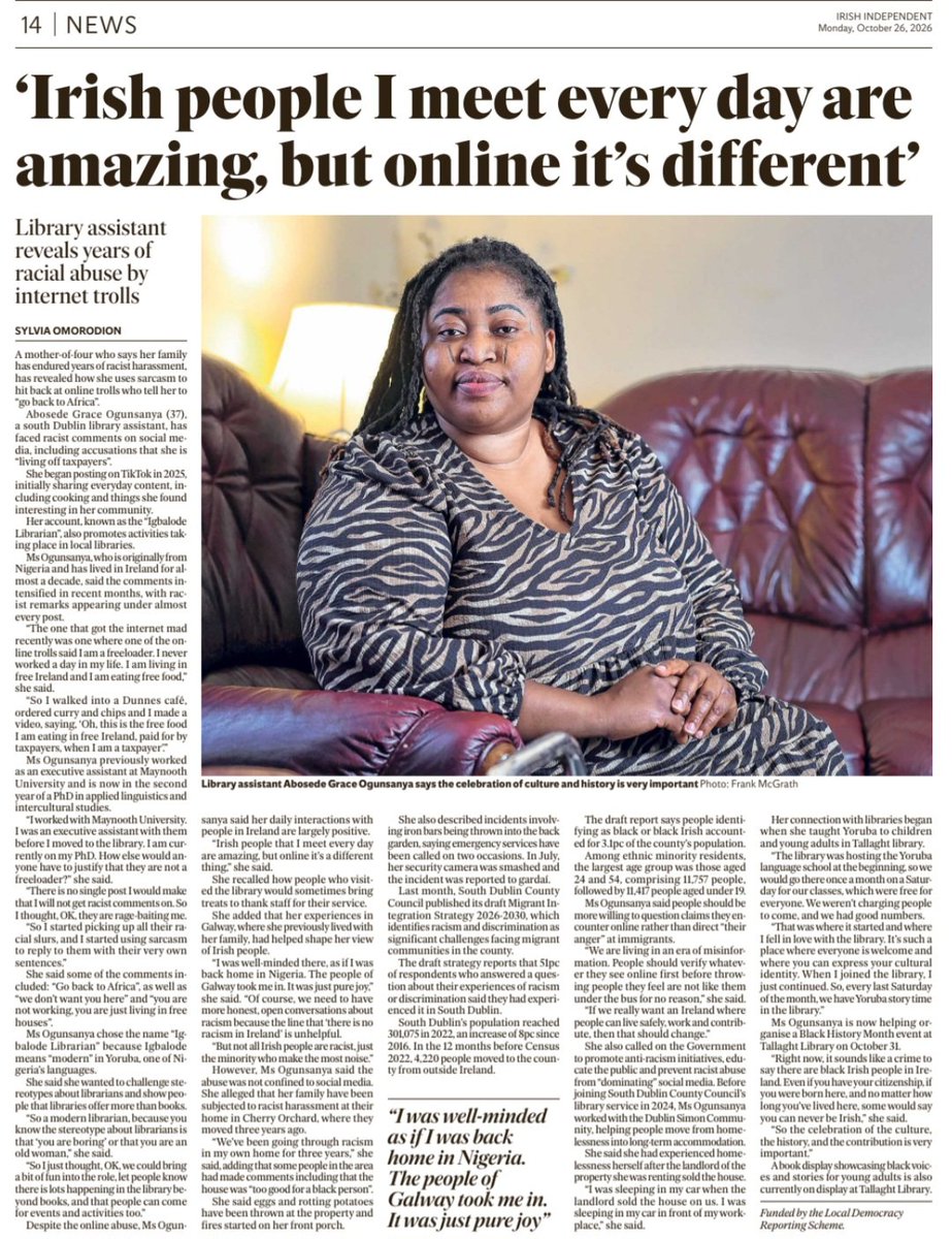 IrishmanIRL's tweet photo. A Nigerian migrant gets a full page in today's Irish Independent to cry about racism and calls for the public to be educated.
"Of course, we need to have more honest, open conversations about racism because the line that there is no racism in Ireland' is unhelpful.
But not all Irish people are racist, just the minority who make the most noise."
'She also called on the Government to promote anti-racism initiatives, educate the public and prevent racist abuse from "dominating" social media.'
"Right now, it sounds like a crime to say there are black Irish people in Ireland. Even if you have your citizenship, if you were born here, and no matter how long you've lived here, some would say you can never be Irish." she said.'