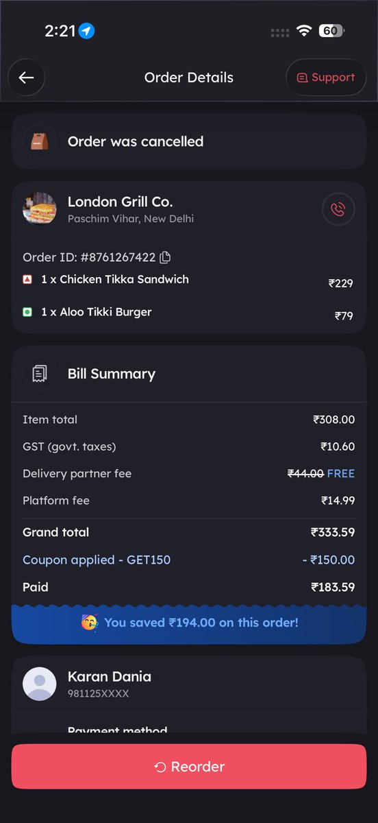 karandania's tweet photo. @zomatocare @zomato @zomatocare order id 8761267422. Food sent was cold after long wait. Tried 20-30 times over ur useless AI chat bot but couldnt talk to agent for resolution. U cancelled my order with 0 refund and infront of me my order was sold to another customer, hopegod save his stomch https://t.co/HPvs6PRdD7