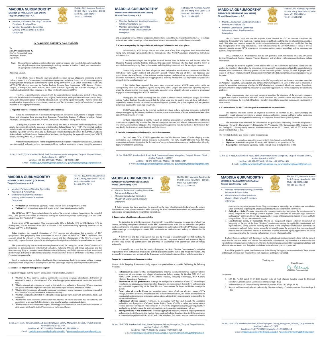 GuruMYSRCP's tweet photo. I have lodged a complaint with the Hon’ble President of India and andhrapradesh Governor seeking an independent, impartial inquiry into serious electoral irregularities during Andhra Pradesh’s local body elections, including violence, obstruction of nominations, attacks on opposition candidates, destruction of nomination papers and alleged partisan policing.

The reported obstruction of 1,345 MPTC–ZPTC candidates and zero nominations across 222 wards in seven municipalities raise grave concerns about the fairness of the electoral process.

I have sought scrutiny of the State Election Commission’s handling of complaints, compliance with Supreme Court directions, preservation of evidence, adequate election security and accountability for established lapses.

Democracy needs free and fair elections, equal opportunity for every candidate and accountability for those who undermine the electoral process.

#SaveDemocracyInAP

@rashtrapatibhvn @LiveLawIndia @governorap @editorsguildind
 @thewire_in @ndtv @IndiaToday @TimesAlgebraIND @timesofindia @TimesNow @ANI @BBCIndia @firstpost @CNNnews18 @BBCBreaking @ABPNews @News18India @ThePrintIndia @the_hindu @IndianExpress @DeccanChronicle @PTI_News @WIONews @sardesairajdeep @umasudhir @rohini_sgh @ravishndtv @BDUTT @sagarikaghose @rahulkanwal @ShekharGupta @thenewsminute @republic @TheSouthfirst @htTweets @JagranNews @scroll_in @ZeeNews @EconomicTimes @NewIndianXpress 
@tv9 @NtvTeluguLive @sakshitvdigital @10TvTeluguNews @bigtvtelugu @PressCouncil_IN 
@PCITweets