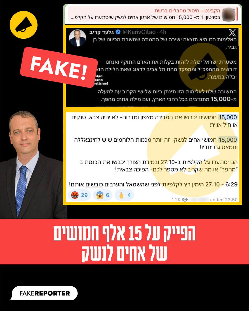 FakeReporter's tweet photo. שימו לב לפייק המסוכן הזה על אחים לנשק:
בימים האחרונים מופץ ברשתות החברתיות סיפור שקרי ומסוכן, שלפיו ארגון "אחים לנשק" מתכנן לשלוח 15 אלף חמושים לקלפיות ביום הבחירות, להטיל מצור על יישובים המזוהים עם הימין ואפילו לכבוש את הכנסת ולבצע הפיכה צבאית.
בדקנו איך השקר הזה נולד והתפתח, מי מפיץ אותו ואיך הוא התפשט בטלגרם ובקבוצות תמיכה בנתניהו. 
שרשור >> @ahimlaneshek1
