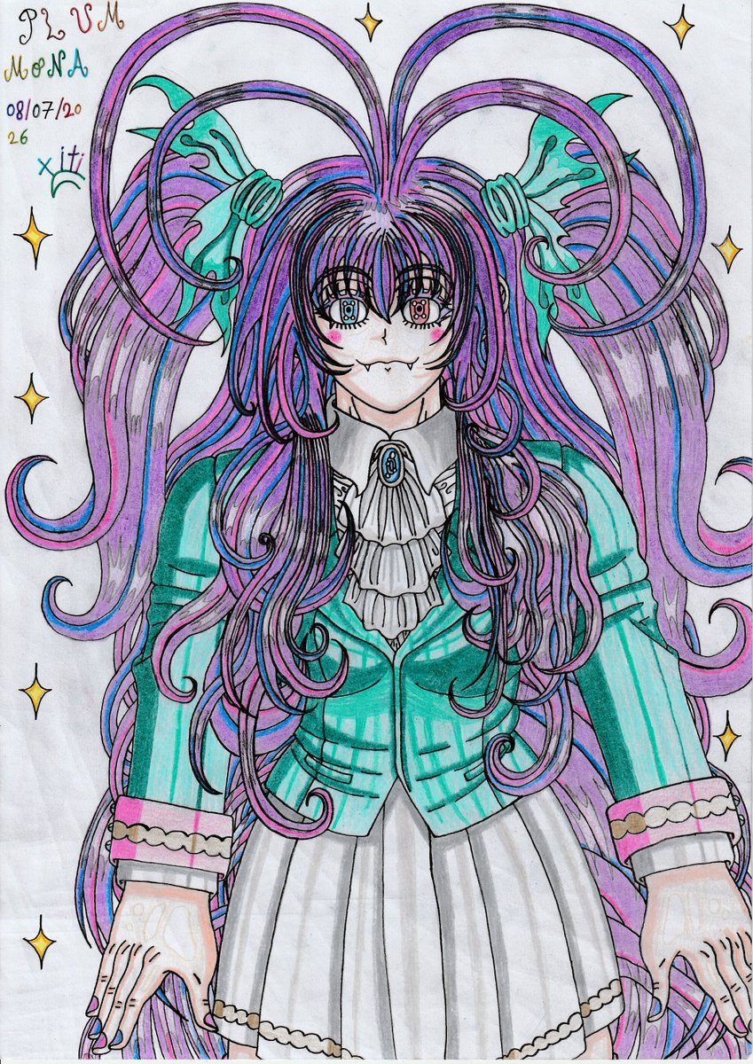 TitiDessins's tweet photo. Plum Mona💜💚👩🏻✨🎴🦷👗🎀👁️✍🏻 #PlumMona #TitiDessins #OC #OriginalCharacter #Vampire #GaslampFantasy #SoftGoth #Heterochromia #Purplehair #HairAntenna  #BeautifulWoman #Mesugaki #Brat #Waifu #Bratty #Moe #PencilDrawing #FollowMe #Retweet #LikeAndShare #ThanksForYourSupport https://t.co/HJZVefnXRS