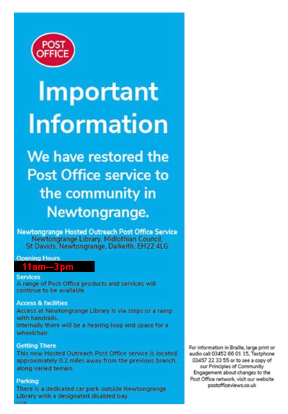 MidLibraries's tweet photo. Need to return something?
Pop along to Newtongrange Library Outreach Post Office ✉️

A wide range of Post Office products &amp; services are available every Monday, 11am - 3pm (not on Bank Holidays) 📮

#Newtongrange #Midlothian https://t.co/1NLx6GGIP2