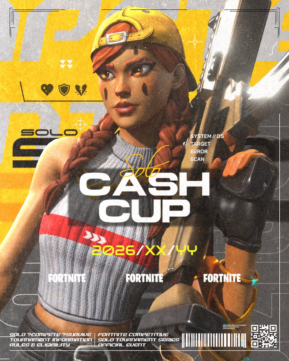 lmgkgfx's tweet photo. 【COMPLETED】

FORTNITE SOLO CASH CUP
CONCEPT POSTER DESIGN.
イエローを基調に、競技シーンの告知とキャラクターの存在感を表現。

細部までこだわって仕上げました。

#Fortnite #GFX #GraphicDesign https://t.co/oIYRQXyQ2K
