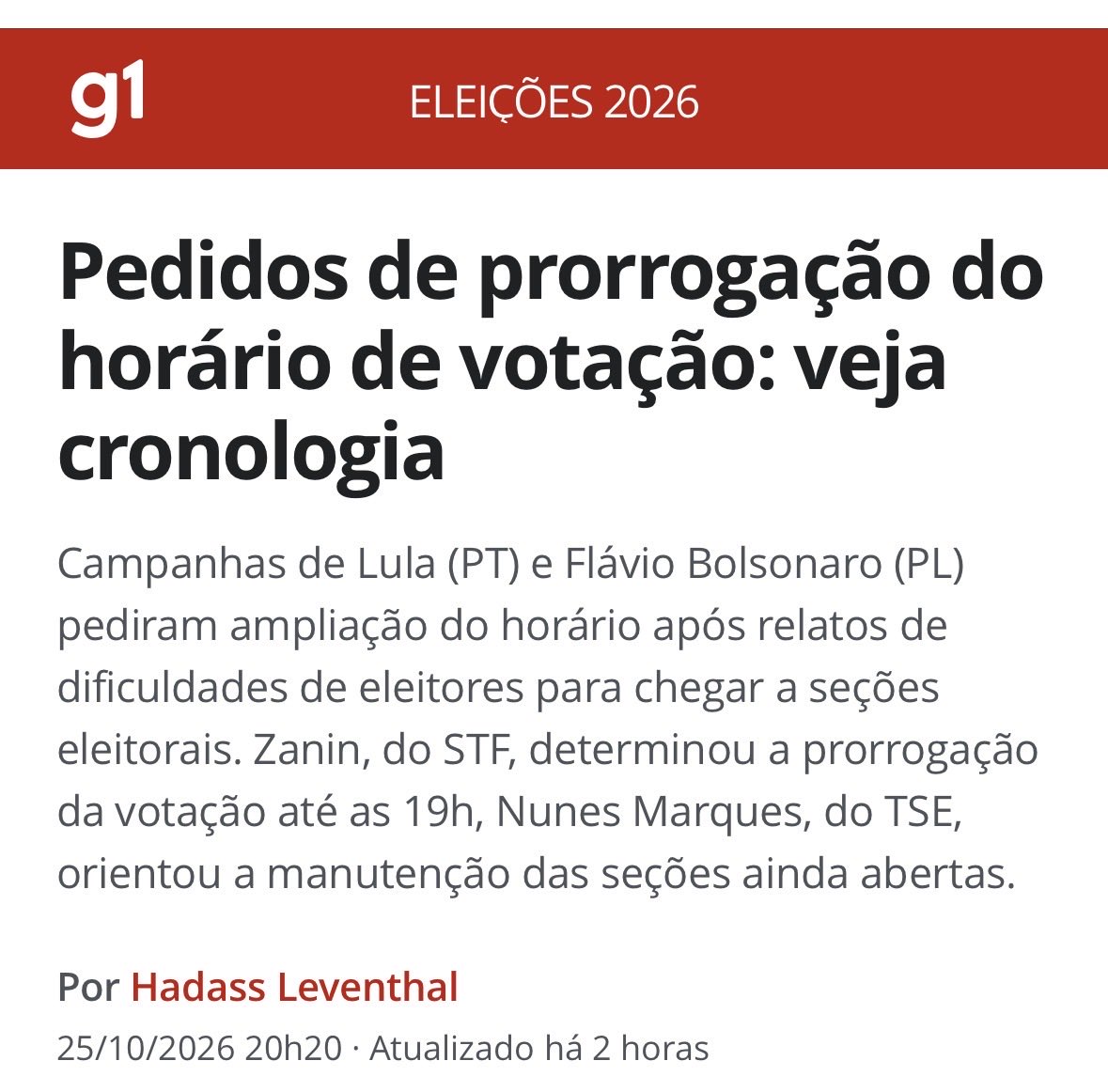 julialdt's tweet photo. @g1 Muito conveniente esquecer que eles mesmos pediram a ampliação do horário de votação https://t.co/tkutTRaomE