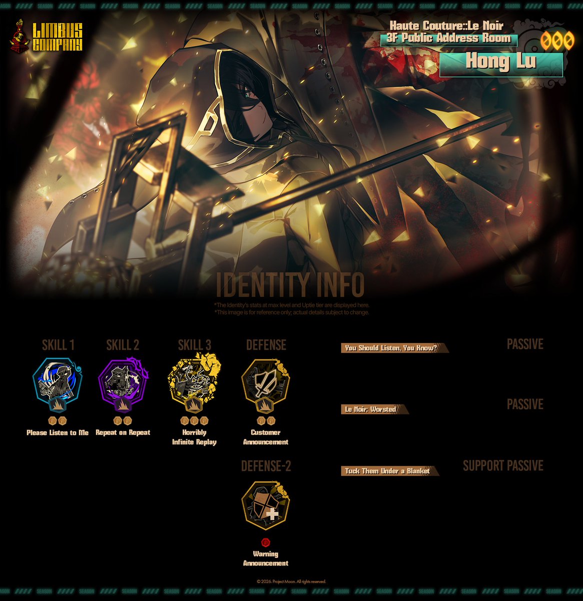 LimbusCompany_B's tweet photo. 2026.10.29 (KST) 신규 인격 정보 안내 / 新規人格情報のご案内 / New Identity Preview

[000] 오트쿠튀르::르누아르 3F 방송실 홍루 / オートクチュール::ル・ノワール 3F放送室 ホンル / Haute Couture::Le Noir 3F Public Address Room Hong Lu

https://t.co/CWUldTG758

#LCB #림버스 #LimbusCompany #リンバス