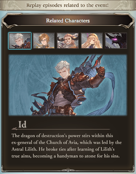 granblue_en's tweet photo. The event's Related Stories section provides a very brief description of each cast member for Relink, as well as Bahamut Versa. The special page advertising Granblue Fantasy: Relink - Endless Ragnarok fills in for fate episodes. https://t.co/ns9eOsPRIk
