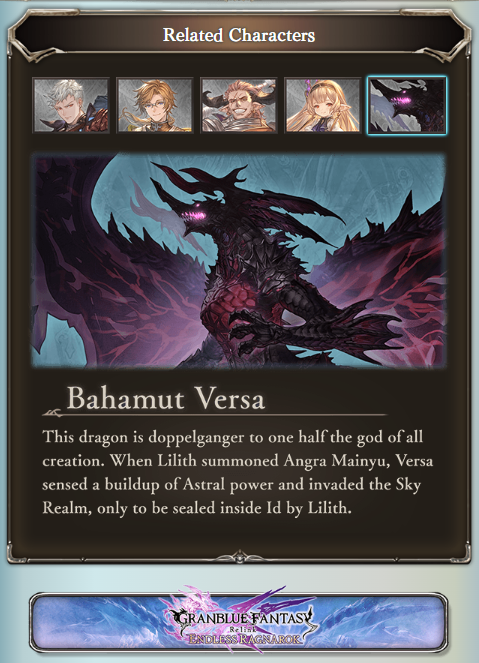 granblue_en's tweet photo. The event's Related Stories section provides a very brief description of each cast member for Relink, as well as Bahamut Versa. The special page advertising Granblue Fantasy: Relink - Endless Ragnarok fills in for fate episodes. https://t.co/ns9eOsPRIk