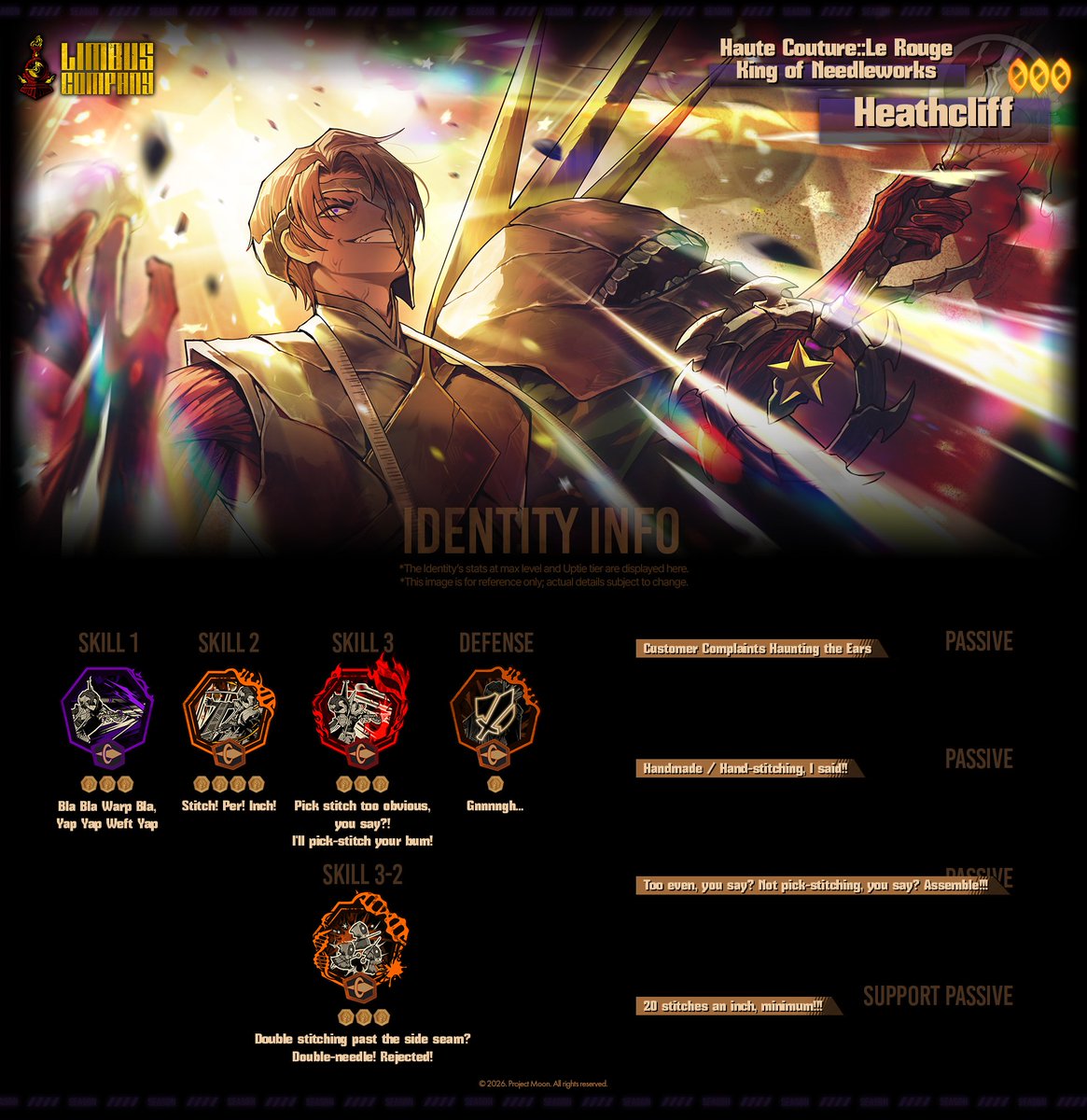 LimbusCompany_B's tweet photo. 2026.10.29 (KST) 신규 인격 정보 안내 / 新規人格情報のご案内 / New Identity Preview

[000] 오트쿠튀르::르루주 바느질의 왕 히스클리프 / オートクチュール::ル・ルージュ 裁縫の王 ヒースクリフ / Haute Couture::Le Rouge King of Needleworks Heathcliff

https://t.co/CWUldTGEUG

#LCB #림버스 #LimbusCompany #リンバス