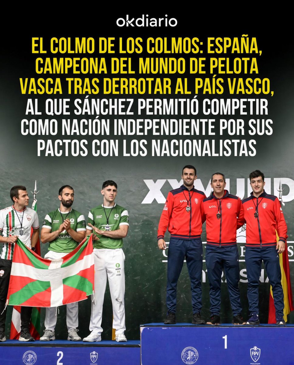 okdiario's tweet photo. 🇪🇸 El colmo de los colmos: España, campeona del mundo de pelota vasca tras derrotar al País Vasco. 

📲 Noticia completa: https://t.co/Gj5pTdcE0P https://t.co/GCiKsbAuZH