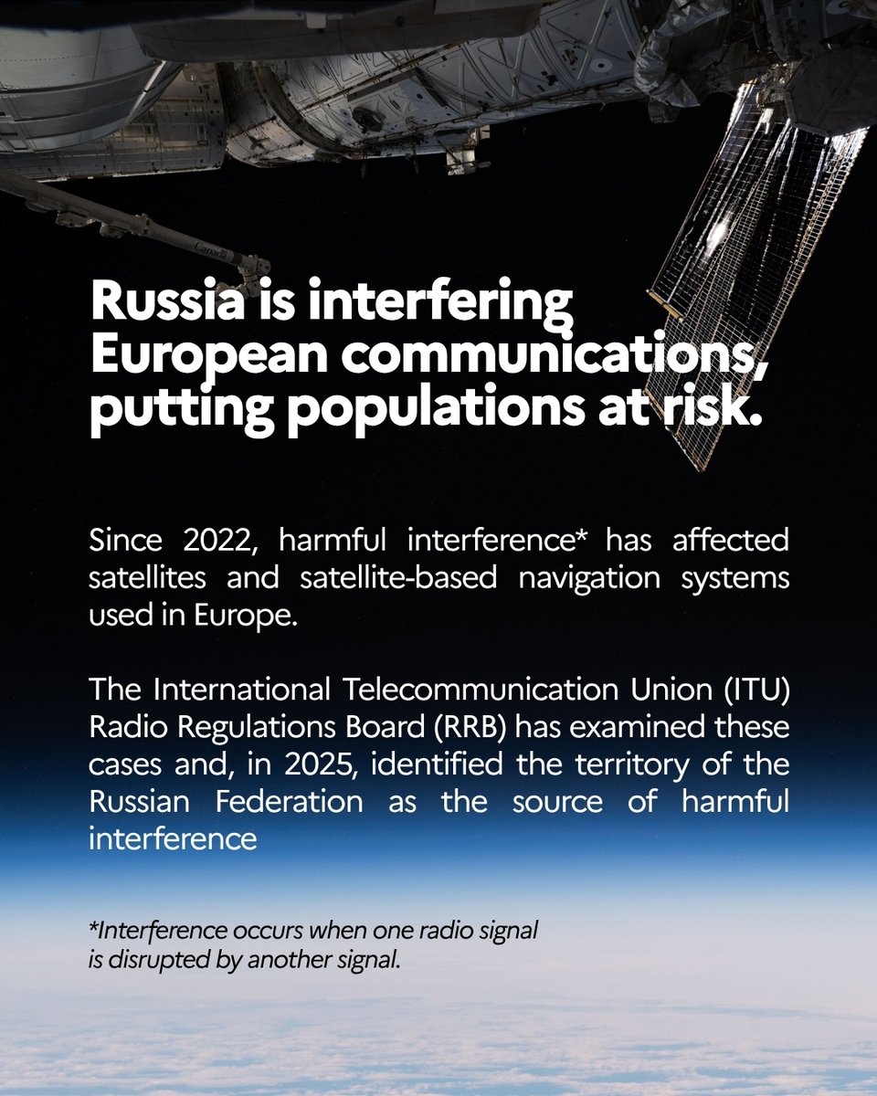 LtGva's tweet photo. Russia continues to disturb🛰️satellite and GNSS signals,affecting European countries' critical infrastructure&amp;services. 
➡️Ahead of the next @ITU #RRB (26-30 Oct), we strongly condemn these unacceptable actions and call on #Russia to stop🛑
#StopRussianJamming https://t.co/ZPQ3AJlIU7