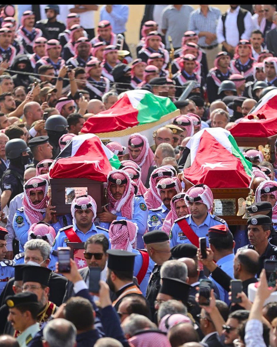 Easternchristns's tweet photo. Heartbreaking scenes from yesterday’s funeral of the Christian martyrs of Jordan’s church attack, as the entire community came together to mourn their loss and bid a final farewell to their loved ones.

On Sunday, October 25, thousands gathered in Karak, Jordan, to accompany the martyrs to their final resting place. Families, friends, religious leaders, and fellow Jordanians united in grief, prayer, and solidarity as the coffins, draped in Jordanian flags, were carried through the crowds.

The nine Christians lost their lives following a terrorist attack on St. George’s Greek Orthodox Church in Hamoud, Karak, on Friday, October 23. Three gunmen opened fire on mourners who had gathered for a funeral, killing nine people and injuring approximately 40 others.

Please keep our nine martyrs, their grieving families, and all those injured in your prayers. May their souls rest in eternal peace, and may God grant strength and comfort to the people of Jordan. 🇯🇴❤️✝️

📸 Photos: مطرانية الأردن للروم الأرثوذكس - Greek Orthodox Archdiocese Jordan

#EasternChristians #Jordan #ChristianMartyrs #Karak #PrayForJordan