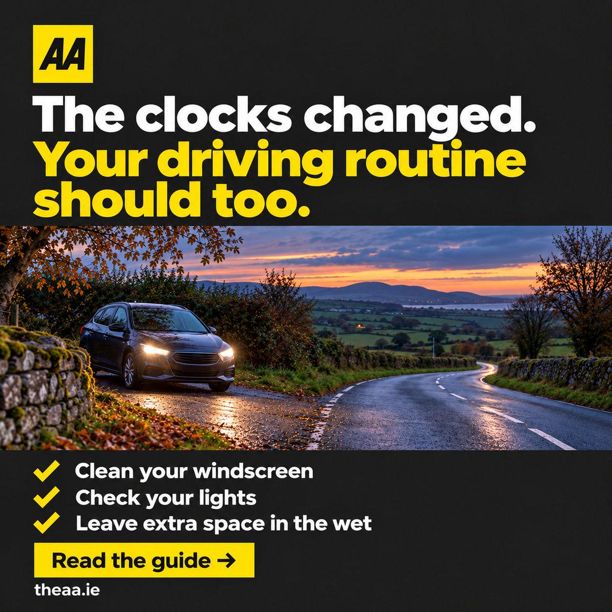 aaroadwatch's tweet photo. Darker evenings are back. Give visibility a little attention before the bank-holiday drive home. Our seasonal driving guide:
https://t.co/ZE2KTGKUS6 https://t.co/nCksE21rnA